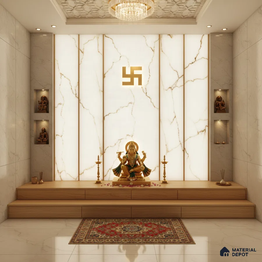 Modern pooja room with backlit marble-look panels, white marble tiles, and natural wood platform