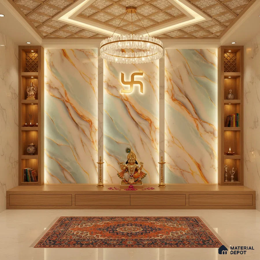 Modern pooja room with backlit marble-look panels, wooden storage, and decorative ceiling