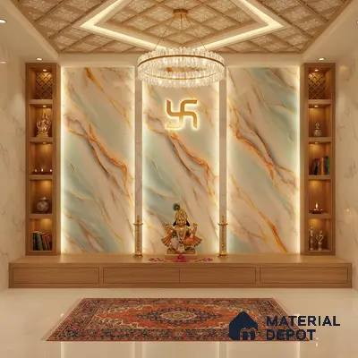 Modern pooja room with backlit marble-look panels, wooden storage, and decorative ceiling