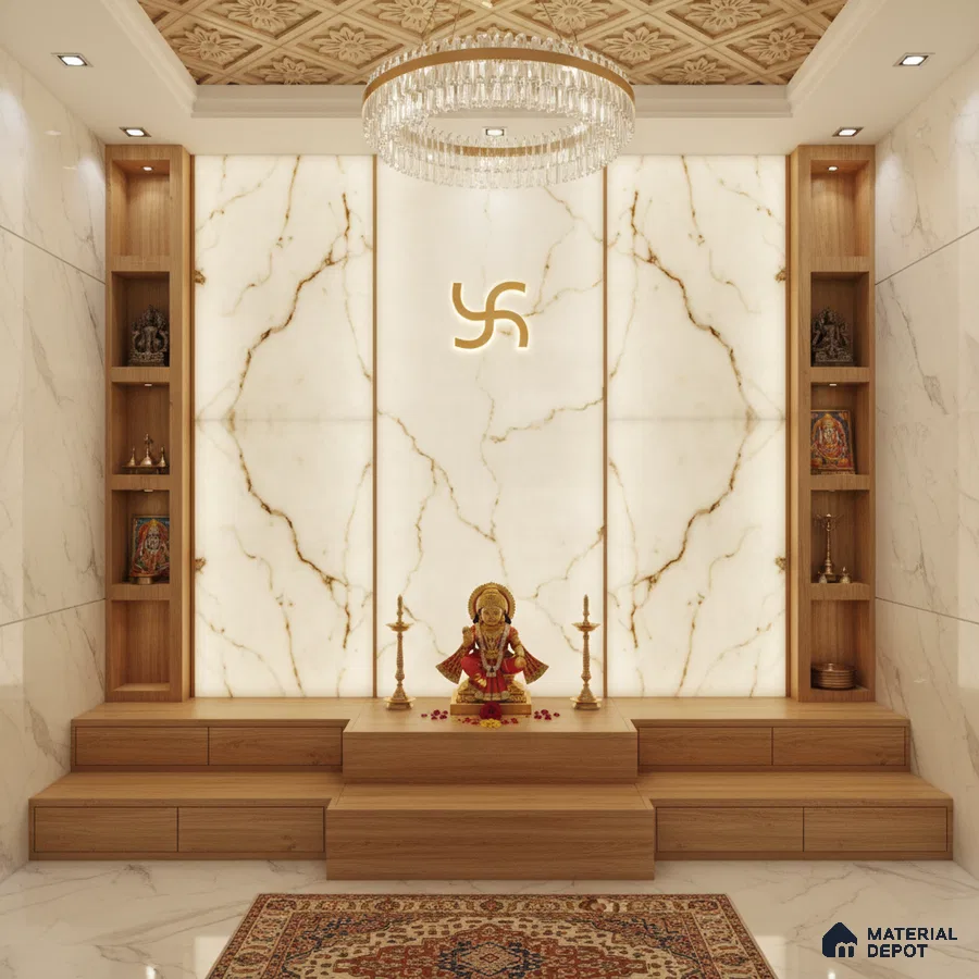 Modern pooja room with backlit marble-look wall panels and natural wood laminate platform