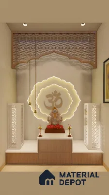 Modern Pooja Room with Backlit Om Symbol and Geometric Ceiling Panel | Material Depot