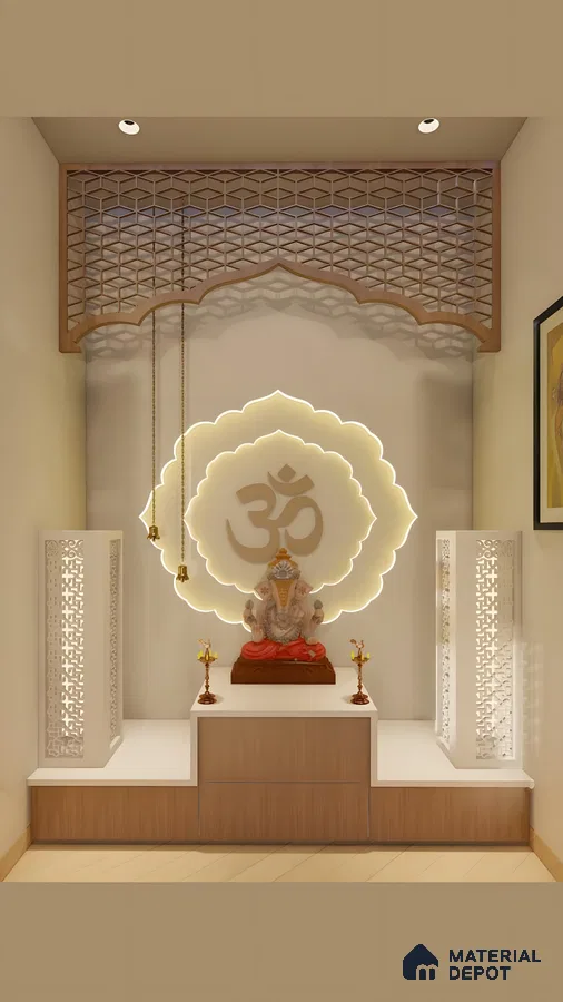 Modern Pooja Room with Backlit Om Symbol and Geometric Ceiling Panel | Material Depot