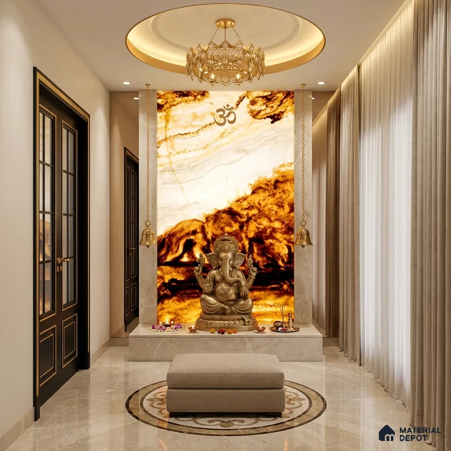Modern pooja room with backlit onyx marble accent wall and beige marble flooring