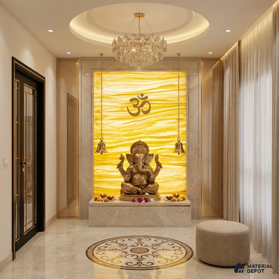 Modern pooja room with backlit onyx marble panel and beige marble flooring