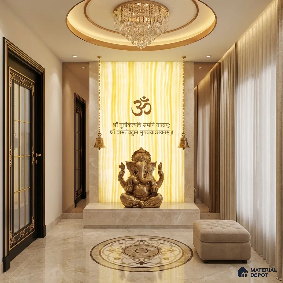 Modern pooja room with backlit onyx marble panel and beige marble flooring
