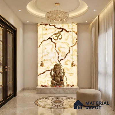 Modern pooja room with backlit onyx marble panel and beige marble flooring