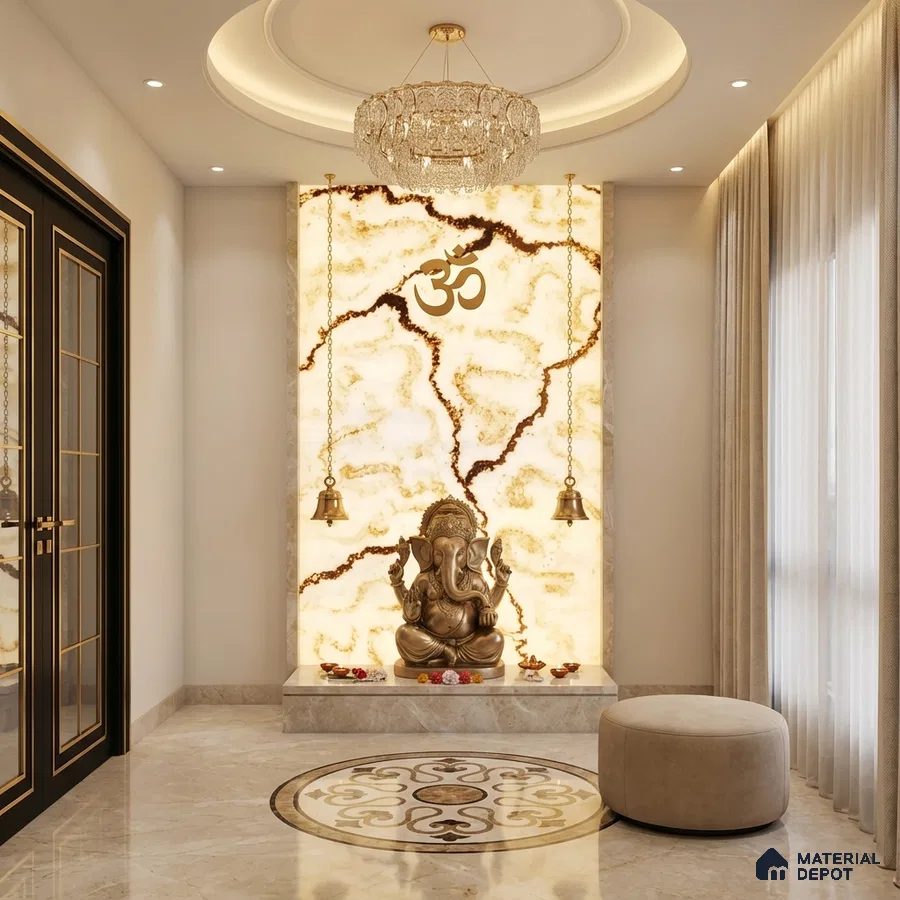 Modern pooja room with backlit onyx marble panel and beige marble flooring
