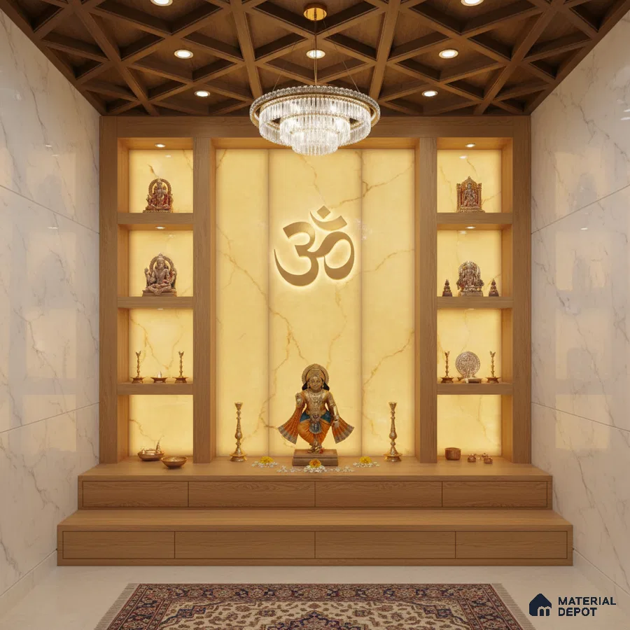 Modern pooja room with backlit onyx marble panel, wooden laminate, and marble wall tiles