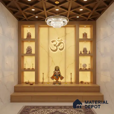 Modern pooja room with backlit onyx marble panel, wooden laminate, and marble wall tiles