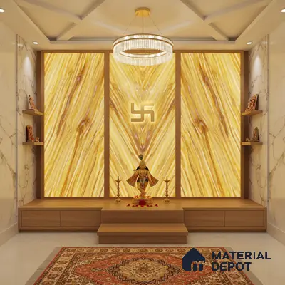 Modern pooja room with backlit onyx marble panel, wooden laminate platform, and marble wall cladding