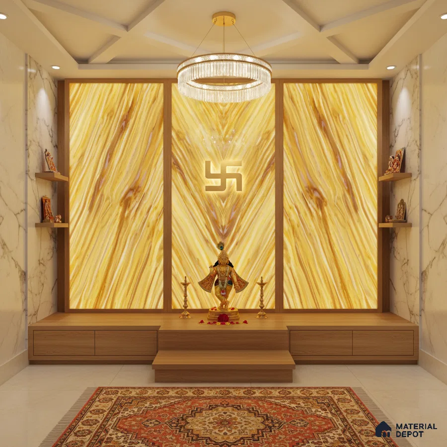 Modern pooja room with backlit onyx marble panel, wooden laminate platform, and marble wall cladding