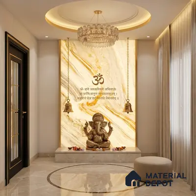 Modern pooja room with backlit onyx marble wall panel and beige marble flooring