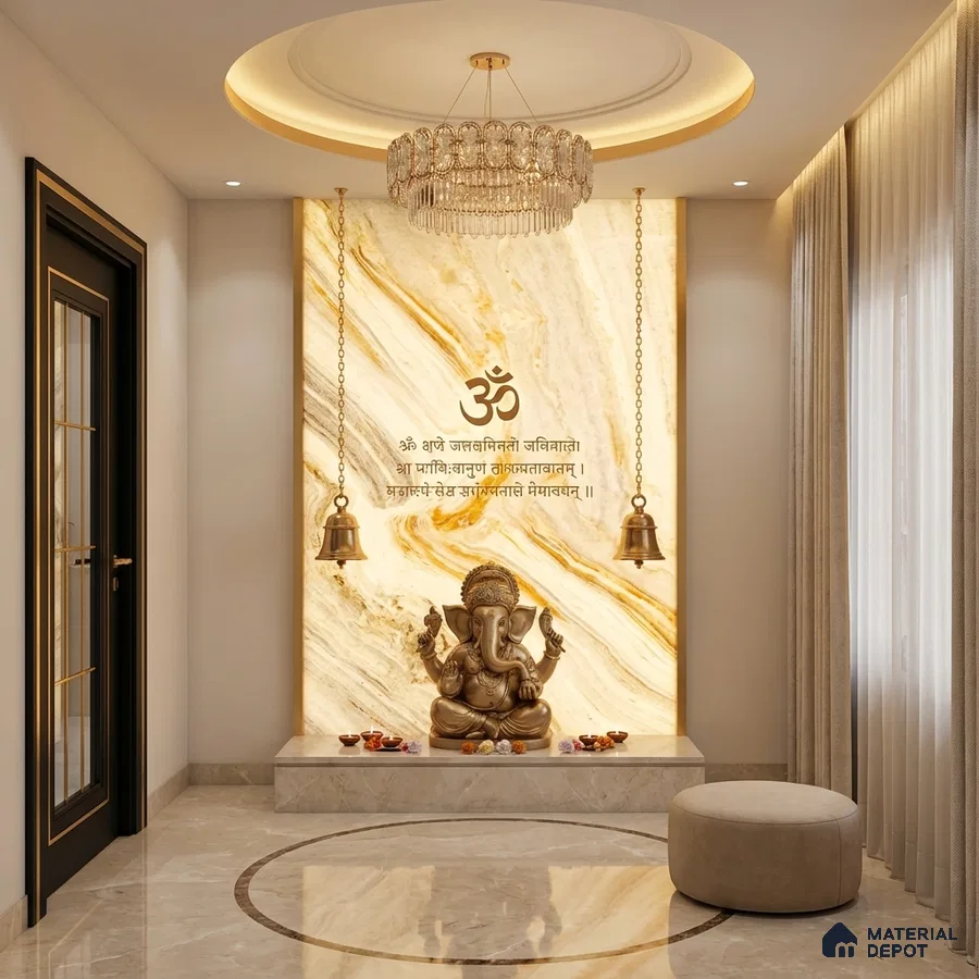 Modern pooja room with backlit onyx marble wall panel and beige marble flooring