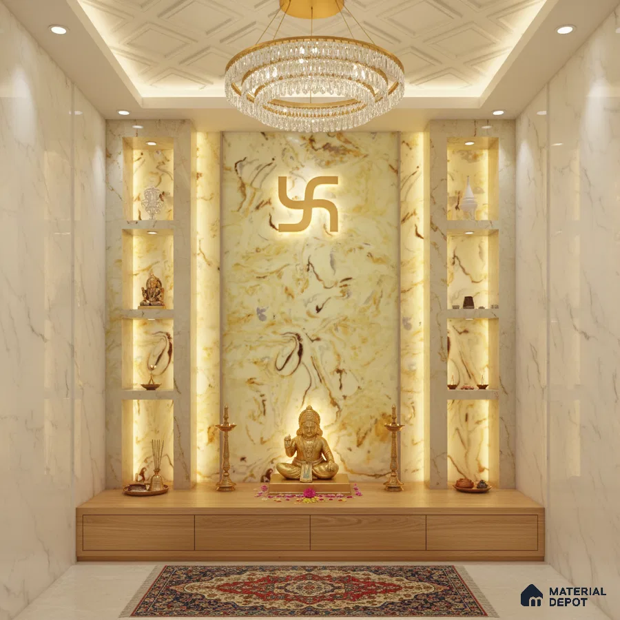 Modern pooja room with backlit onyx marble wall, white marble wall tiles, and wooden laminate base