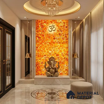Modern pooja room with backlit orange Alabaster Sheet onyx panel and marble flooring