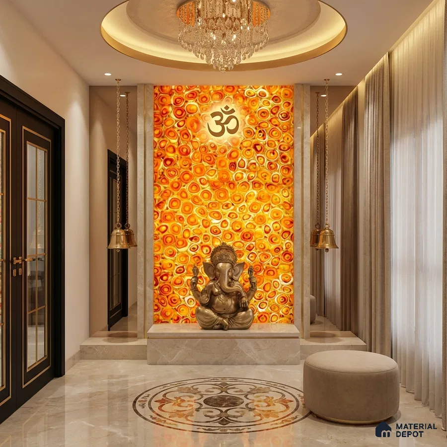 Modern pooja room with backlit orange Alabaster Sheet onyx panel and marble flooring