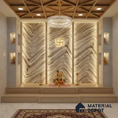 Modern pooja room with backlit vein-cut marble accent wall and light wood platform