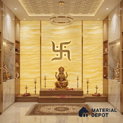 Modern pooja room with backlit yellow Alabaster Sheet onyx panel, marble laminate, and wooden accents