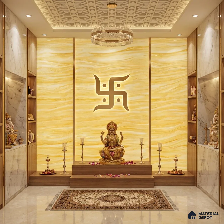 Modern pooja room with backlit yellow Alabaster Sheet onyx panel, marble laminate, and wooden accents