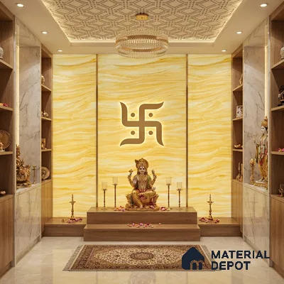 Modern pooja room with backlit yellow Alabaster Sheet onyx panel, marble laminate cabinetry, and wooden platform