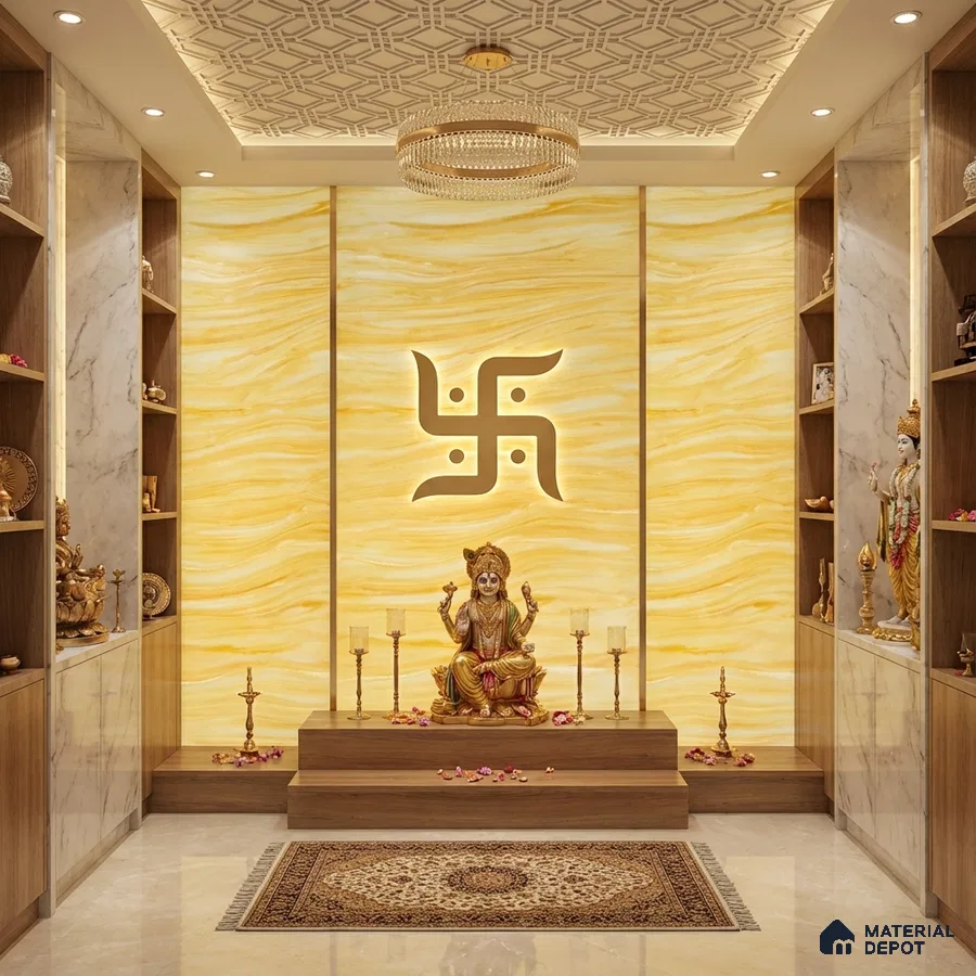 Modern pooja room with backlit yellow Alabaster Sheet onyx panel, marble laminate cabinetry, and wooden platform