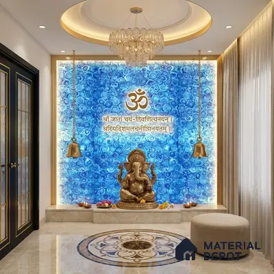 Modern pooja room with blue agate backlit panel and marble flooring
