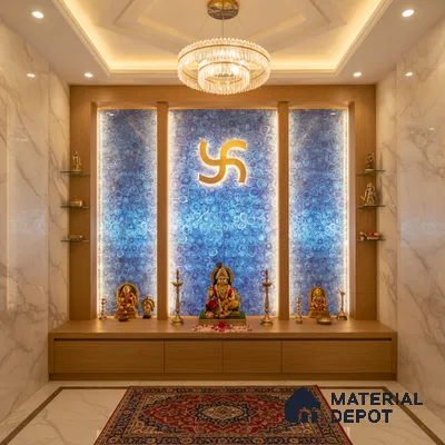 Modern pooja room with blue agate backlit panel, white marble wall tiles, and light oak laminate