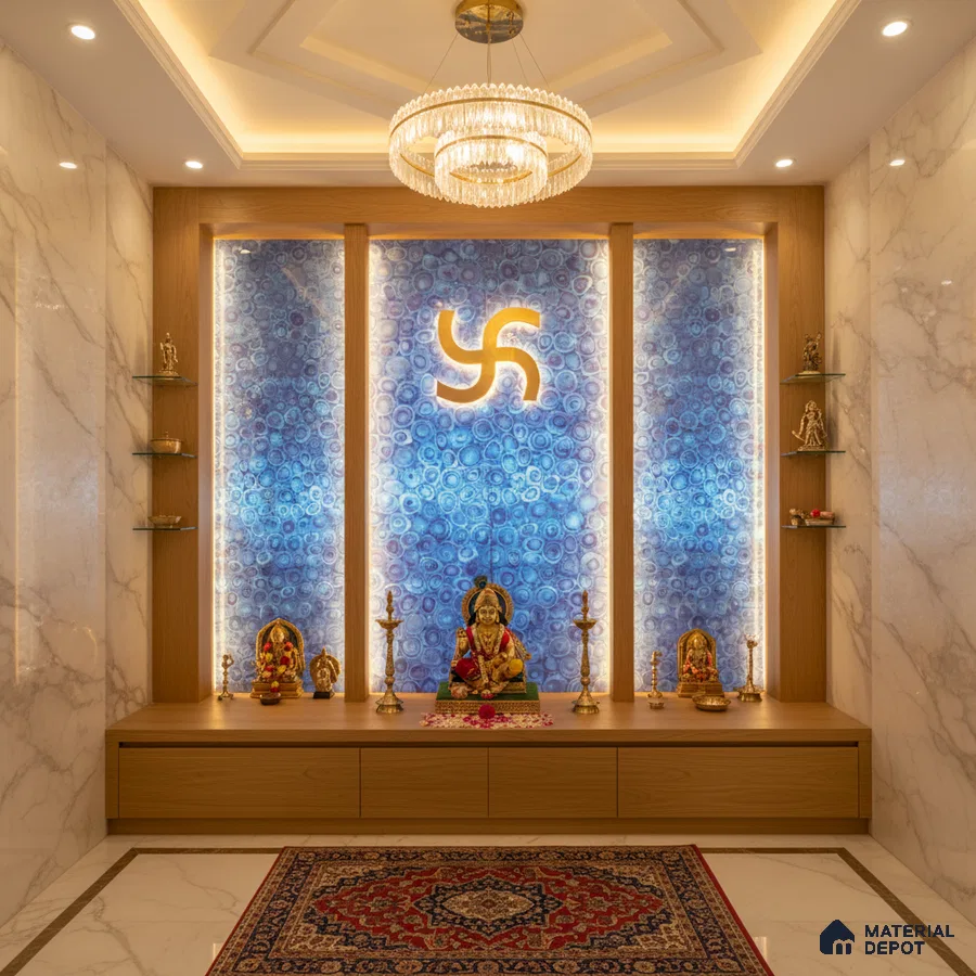 Modern pooja room with blue agate backlit panel, white marble wall tiles, and light oak laminate