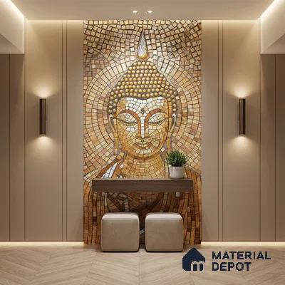 Modern pooja room with Buddha mosaic poster wall mural tile accent wall and beige wood flooring