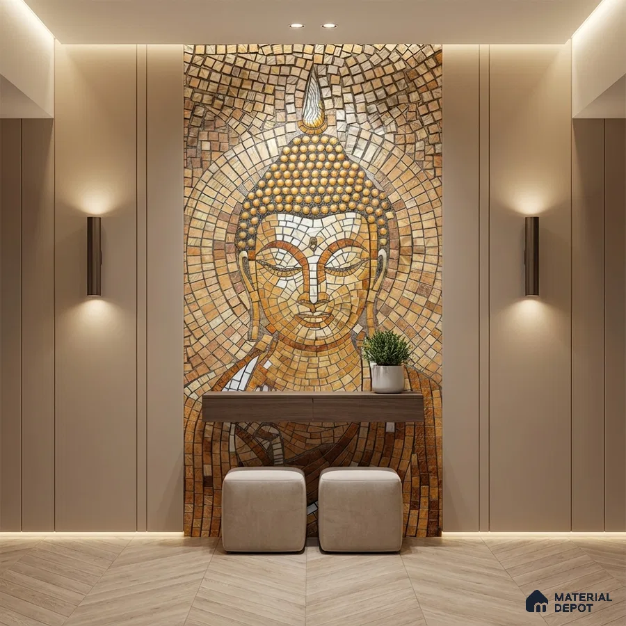 Modern pooja room with Buddha mosaic poster wall mural tile accent wall and beige wood flooring