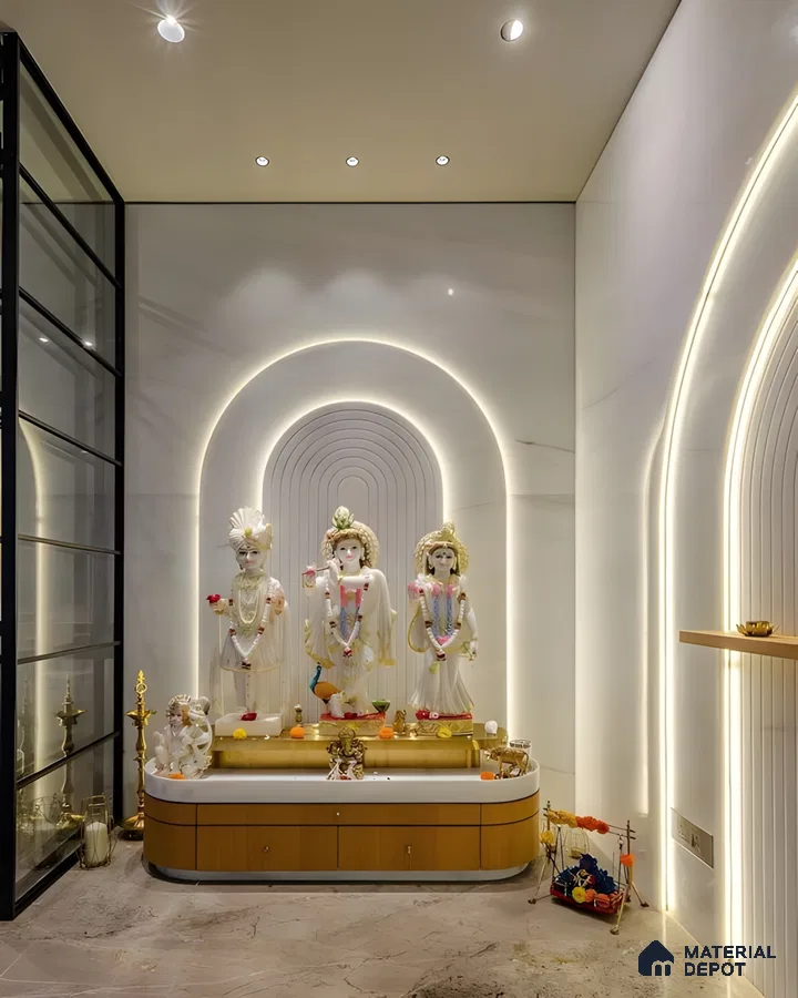 Modern Pooja Room with Elegant Marble and Arch Design | Material Depot