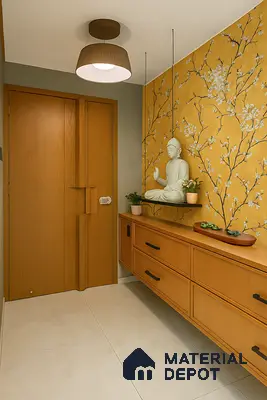 Modern pooja room with floral wallpaper, light wood laminate cabinetry, and white floor tiles in Purva Fountain Square Marathahalli 2 BHK Bengaluru Apartment