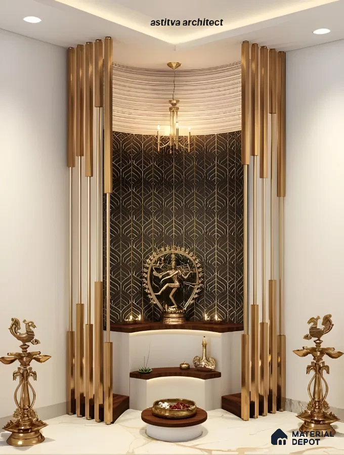 Modern Pooja Room with Geometric Gold Accents | Material Depot