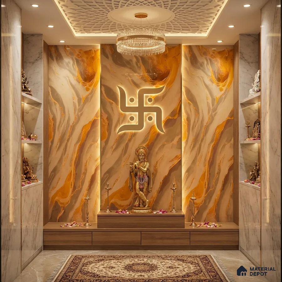 Modern pooja room with gold and beige marble wall panels and wooden base unit