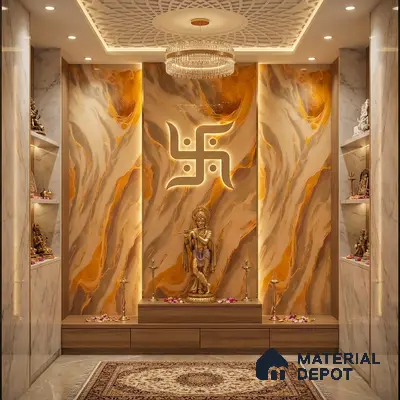 Modern pooja room with gold and beige marble wall panels and wooden base unit