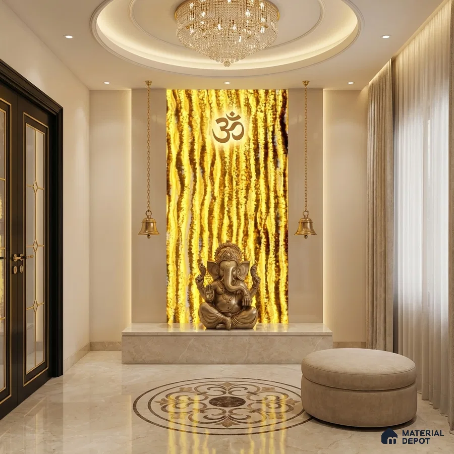 Modern pooja room with gold backlit Alabaster Sheet onyx panel and marble flooring