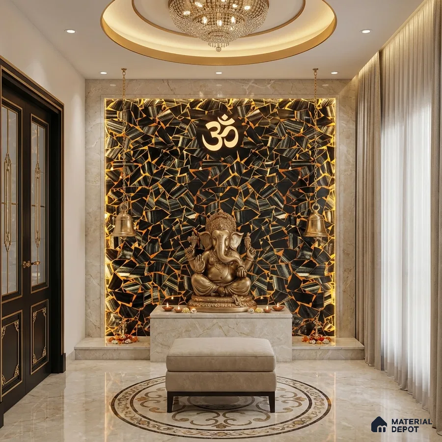Modern pooja room with gold-accented geometric stone wall and marble flooring