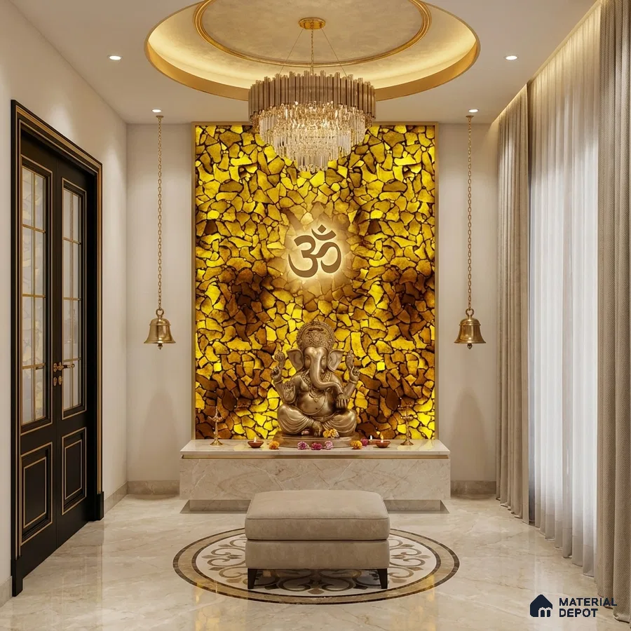 Modern pooja room with golden backlit stone panel and marble flooring