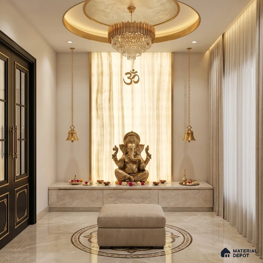 Modern pooja room with marble floor, backlit alabaster wall panel, and gold accents