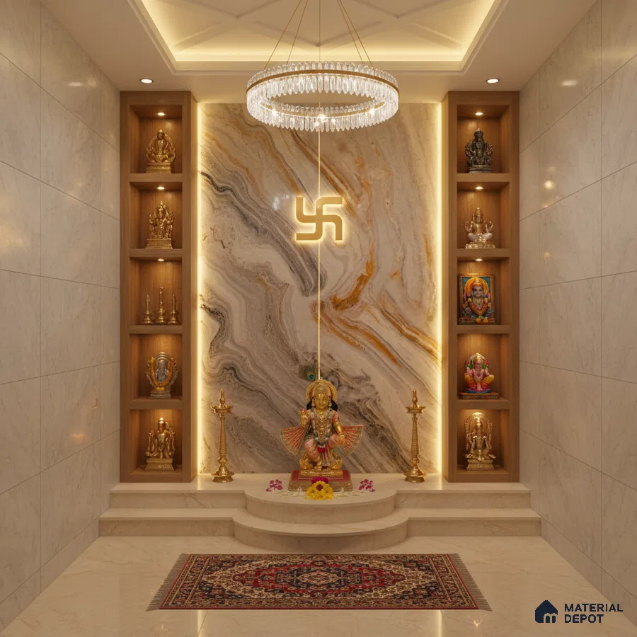 Modern pooja room with marble wall cladding, backlit onyx marble accent, and wooden display niches