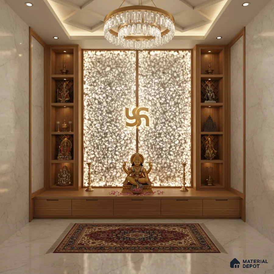 Modern pooja room with marble wall panels, backlit decorative panel, and natural wood laminate cabinetry
