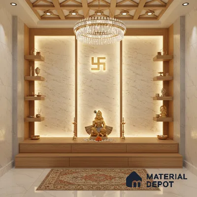 Modern pooja room with marble wall panels, wooden laminate shelves, and backlit accent lighting