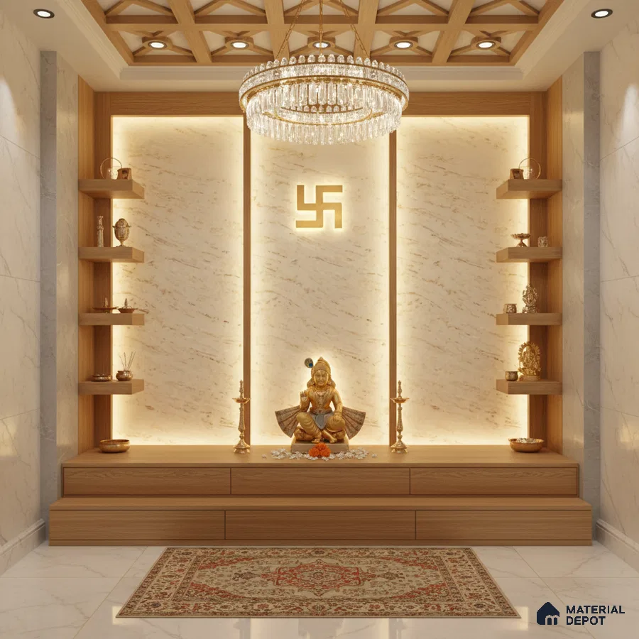 Modern pooja room with marble wall panels, wooden laminate shelves, and backlit accent lighting