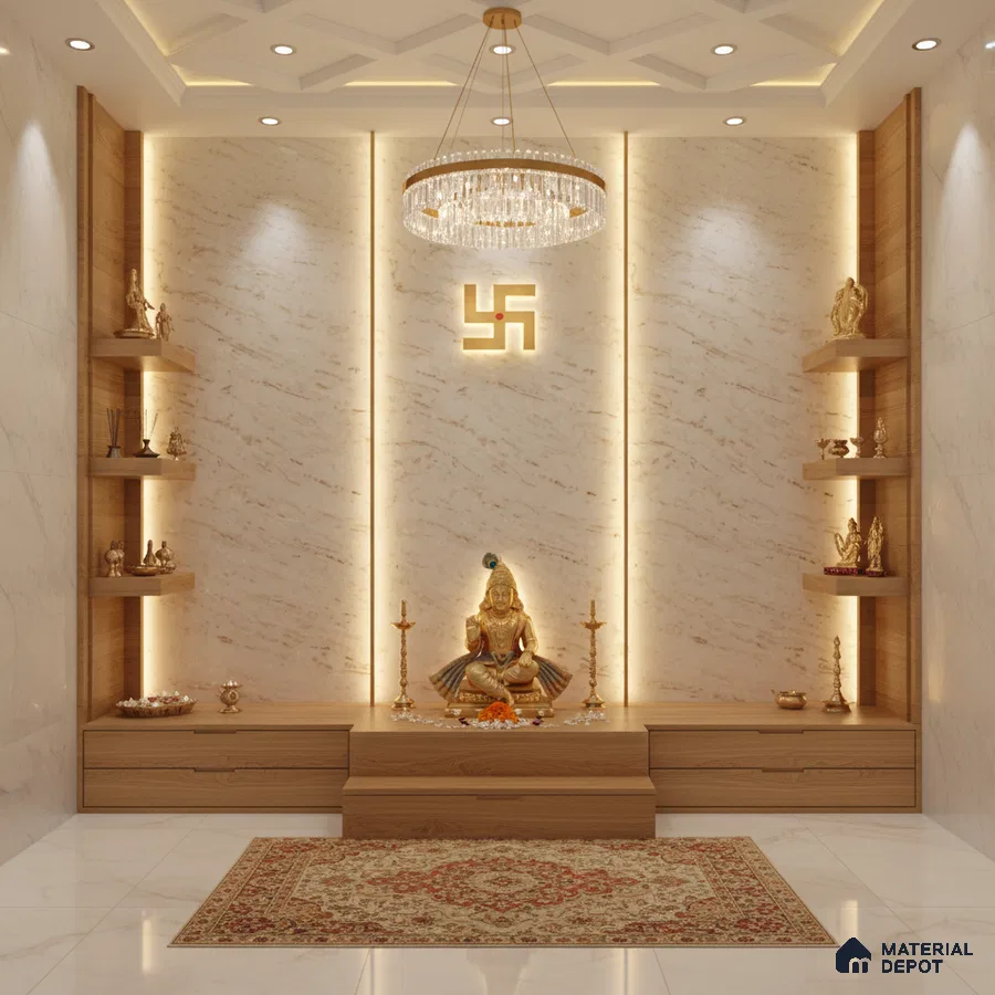 Modern pooja room with marble wall panels, wooden laminate shelves, and white marble floor tiles