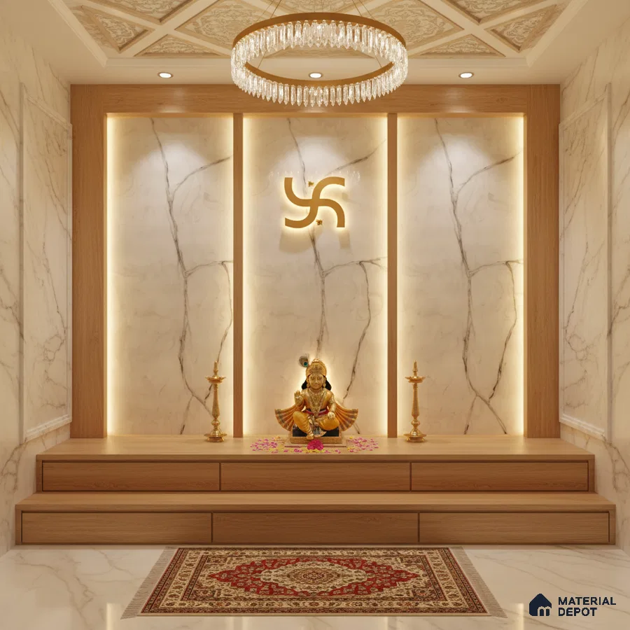Modern pooja room with marble wall panels, wooden platform, and backlit accent lighting
