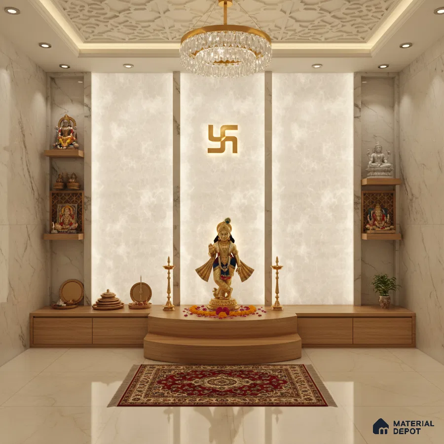 Modern pooja room with marble wall tiles, backlit alabaster panels, and natural wood laminate platform
