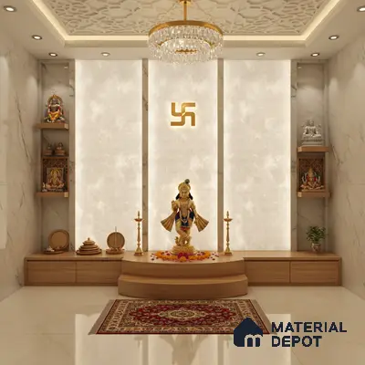 Modern pooja room with marble wall tiles, backlit alabaster panels, and natural wood laminate platform