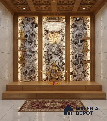 Modern pooja room with marble wall tiles, backlit stone accent, and natural wood laminate