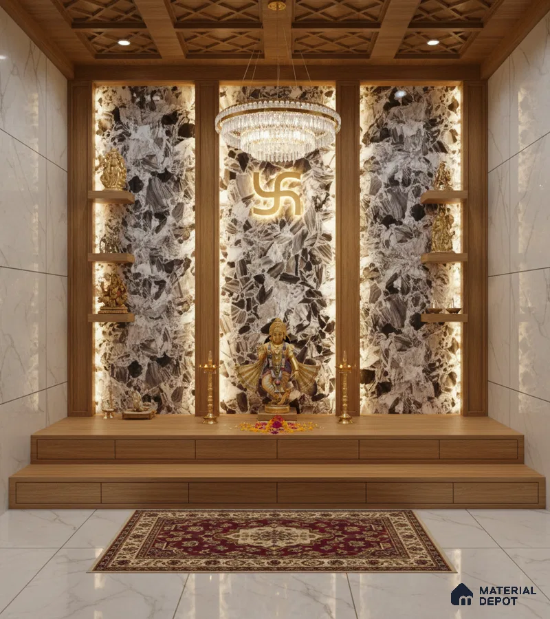 Modern pooja room with marble wall tiles, backlit stone accent, and natural wood laminate