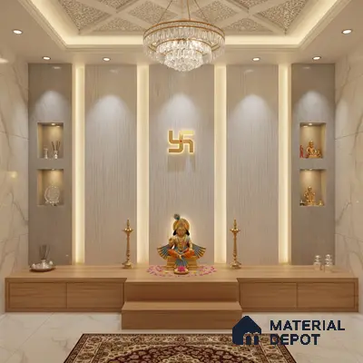Modern pooja room with marble wall tiles, light wood laminate platform, and backlit decorative wall panels